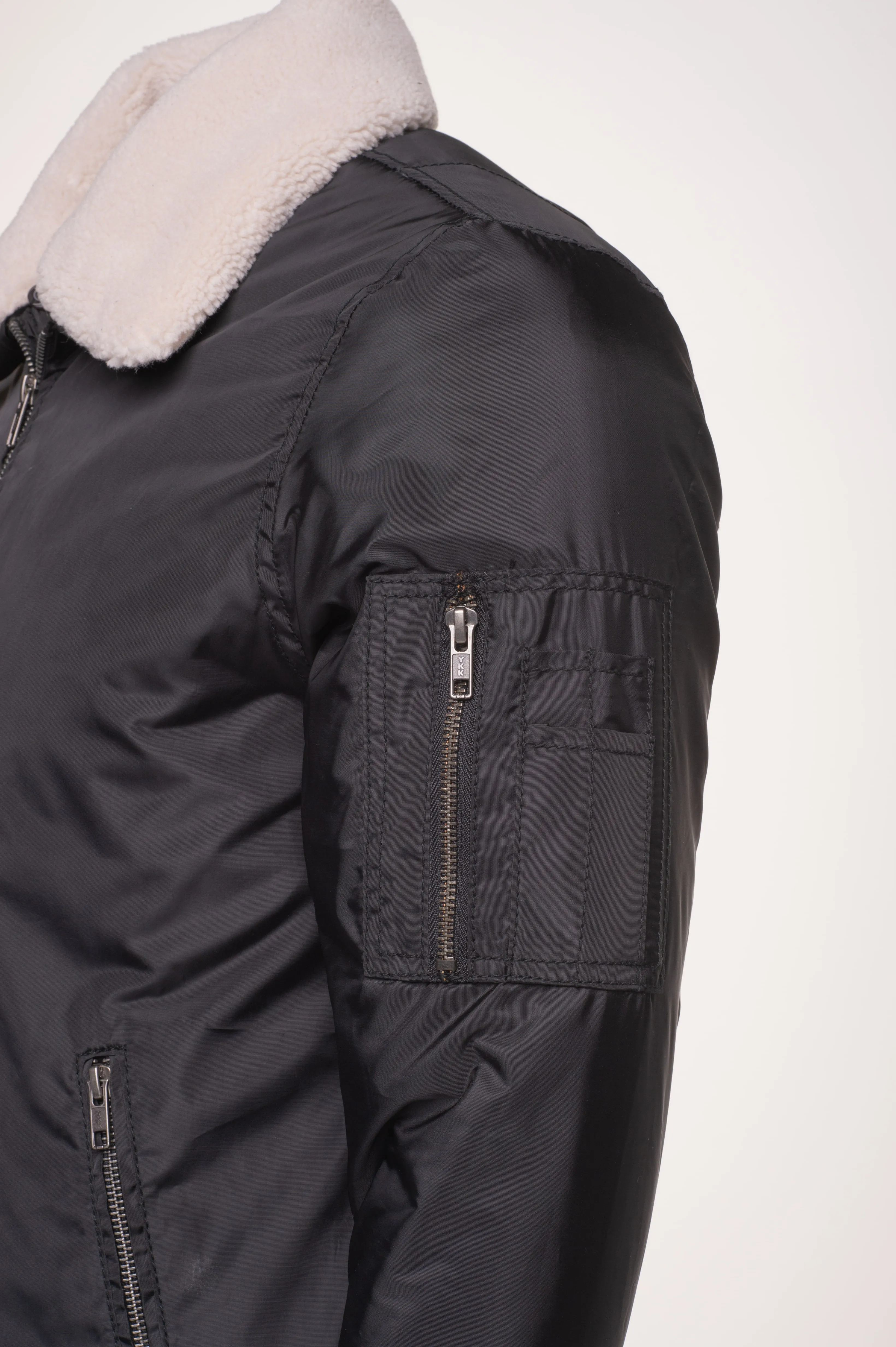 Riccardo's Black Nylon flight jacket with fur collar