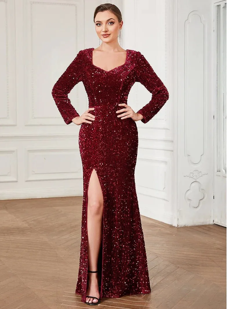 Shiny Long Sleeves Sweetheart Neck Fishtail Evening Dresses