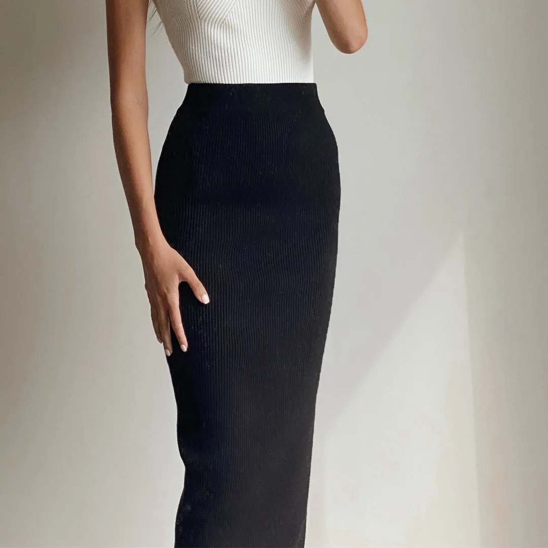 SOFIA White High Waist Bodycon Knit Midi Skirt