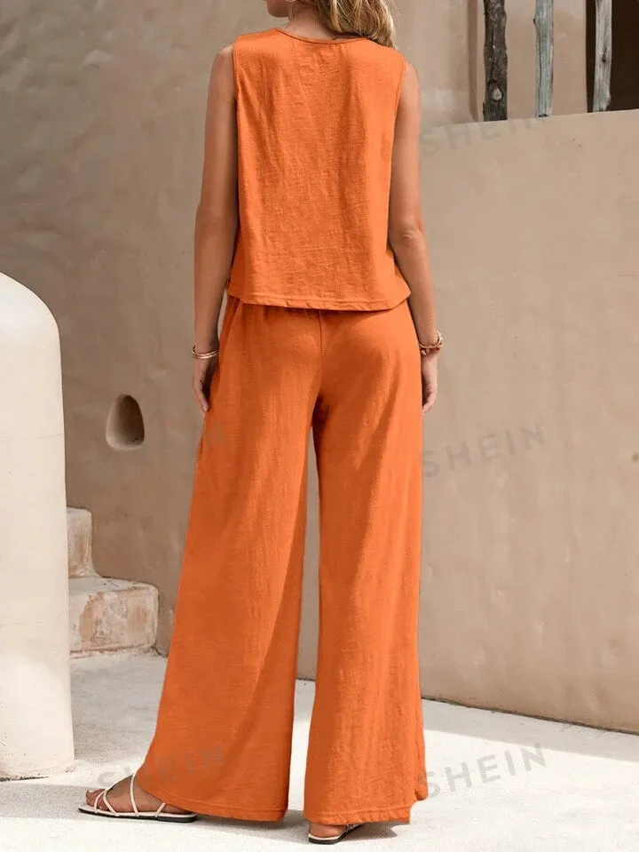 Solid color casual two piece set in rust