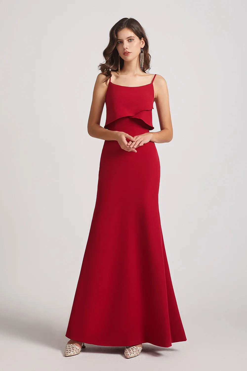 Spaghetti Straps Tiered Top Long Bridesmaid Dresses (AF0011)