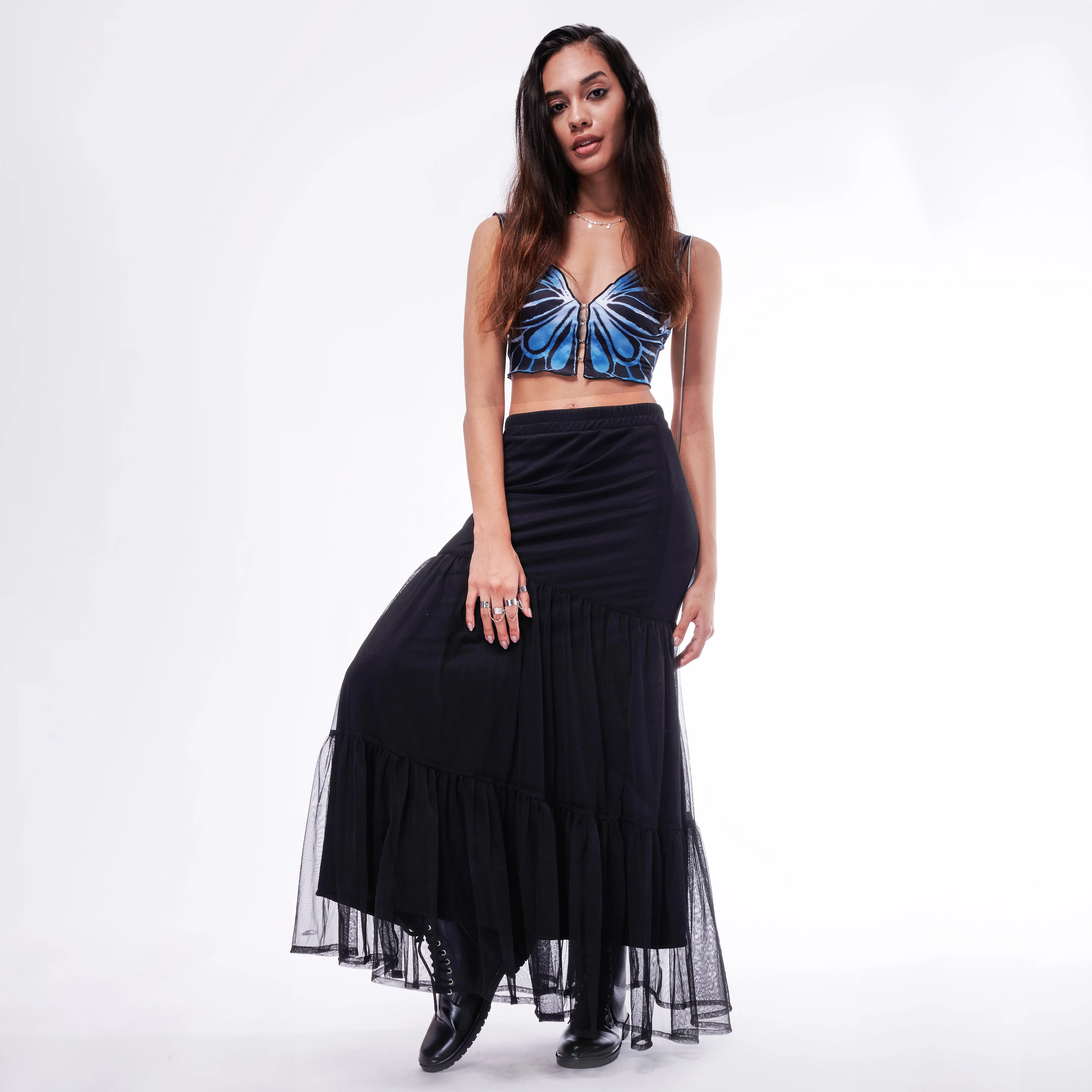 Tier Black Mesh Maxi Skirt