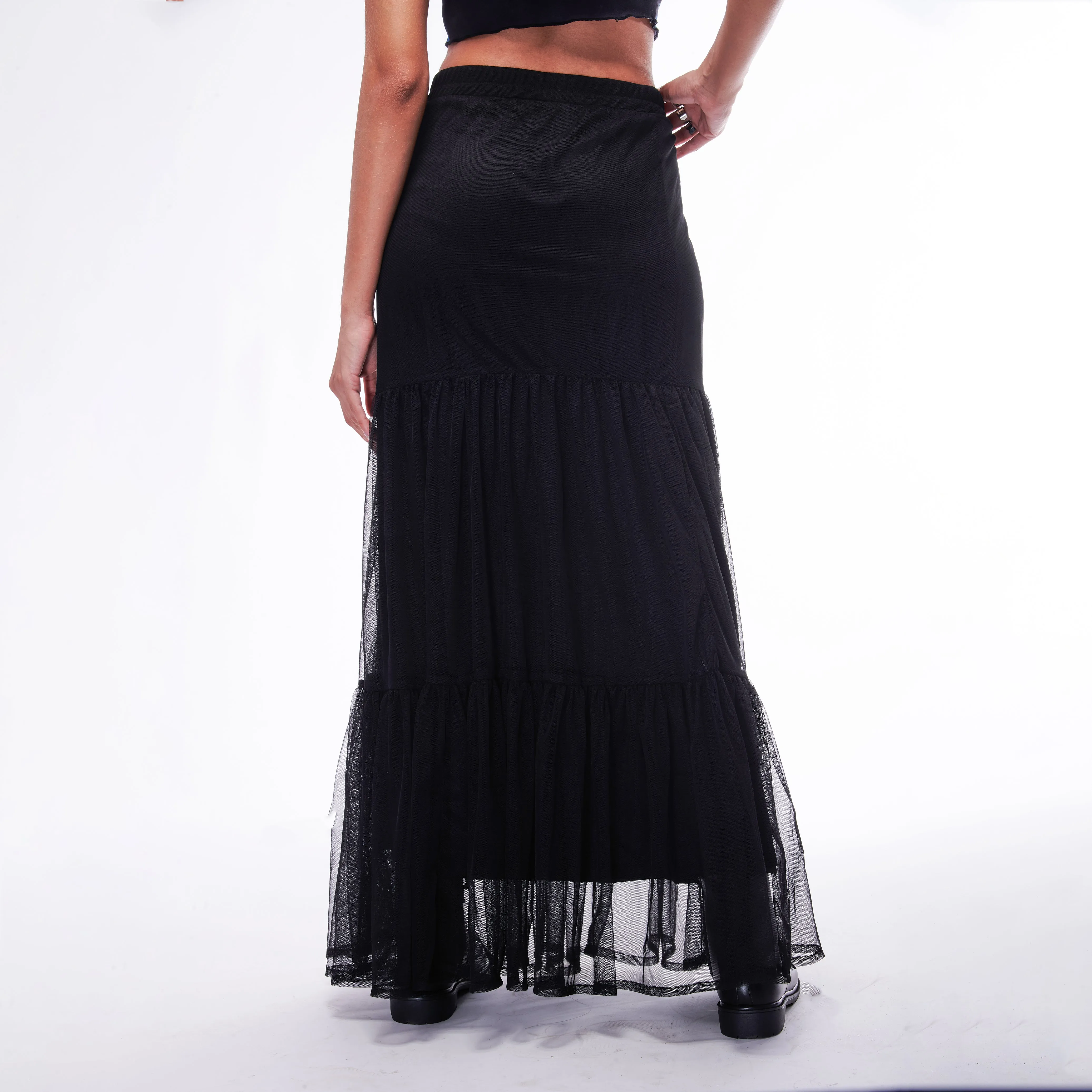 Tier Black Mesh Maxi Skirt