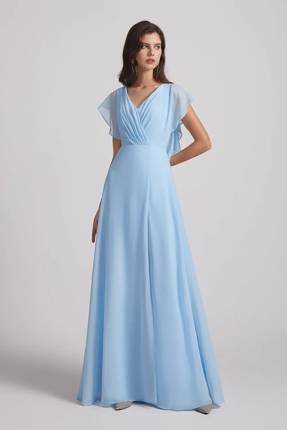 V-Neck Flutter Sleeve Backless Chiffon Bridesmaid Dresses with Side Slit (AF0070)