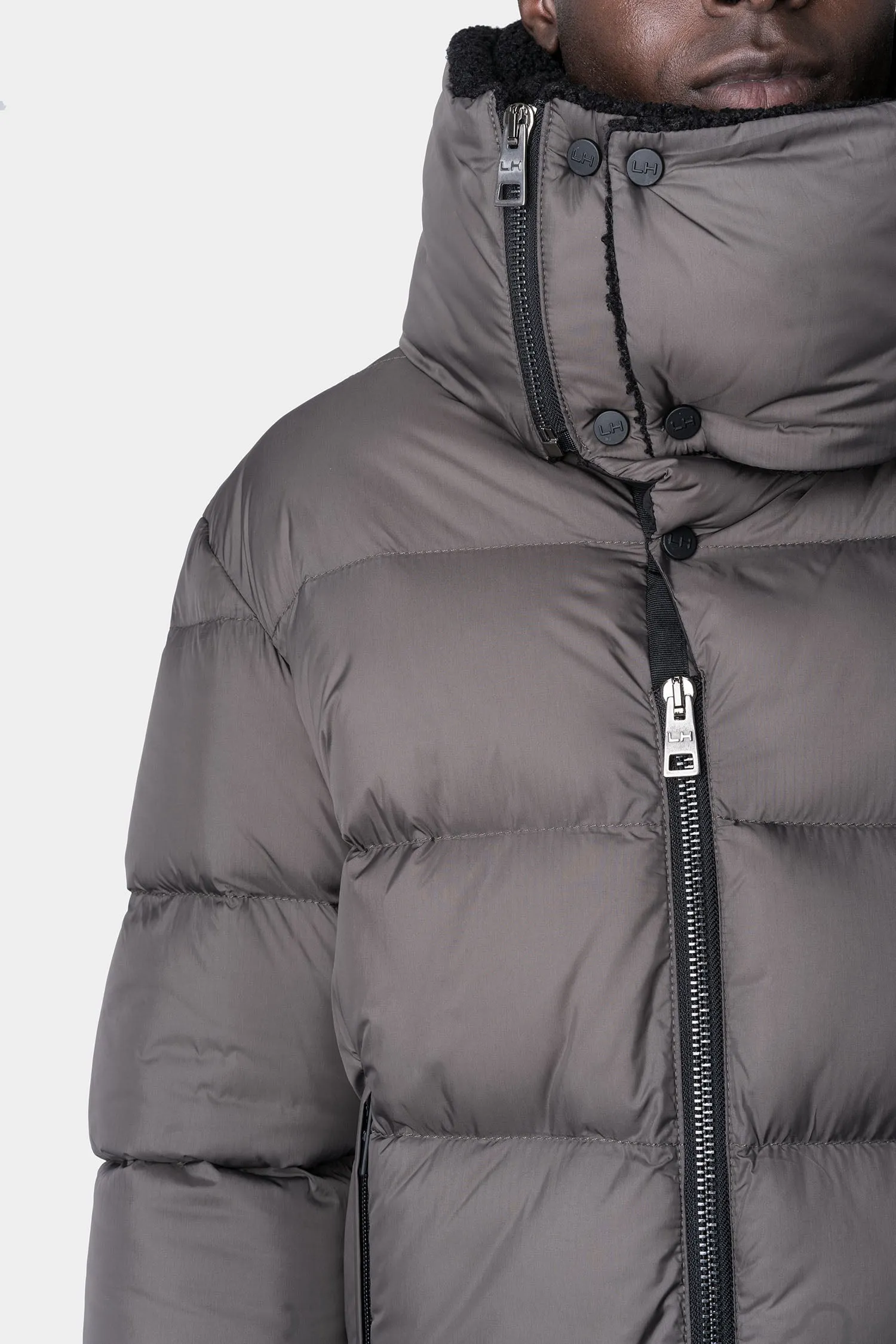 Vegan high neck puffer jacket, Mud grey