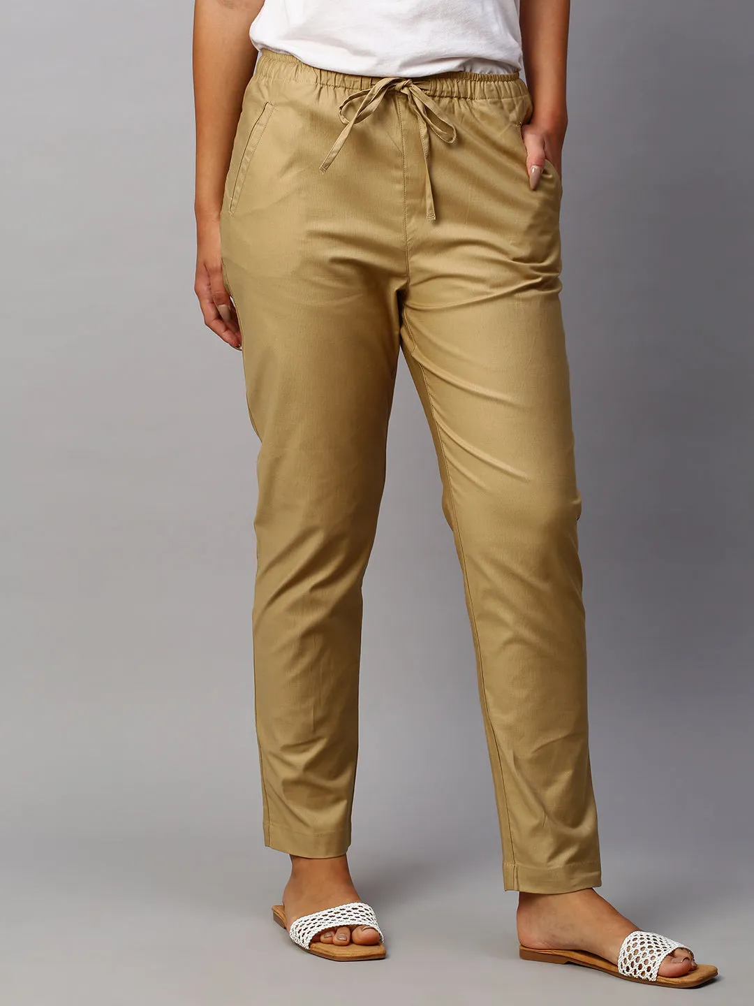 Women's Khaki Cotton Lycra Regular Fit Pant