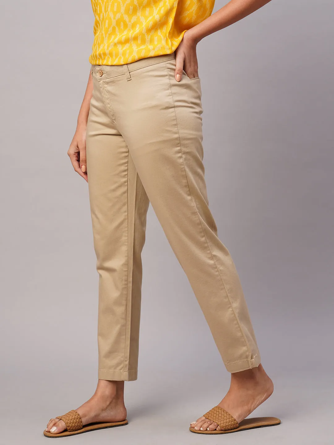 Women's Khaki Cotton Lycra Regular Fit Pant