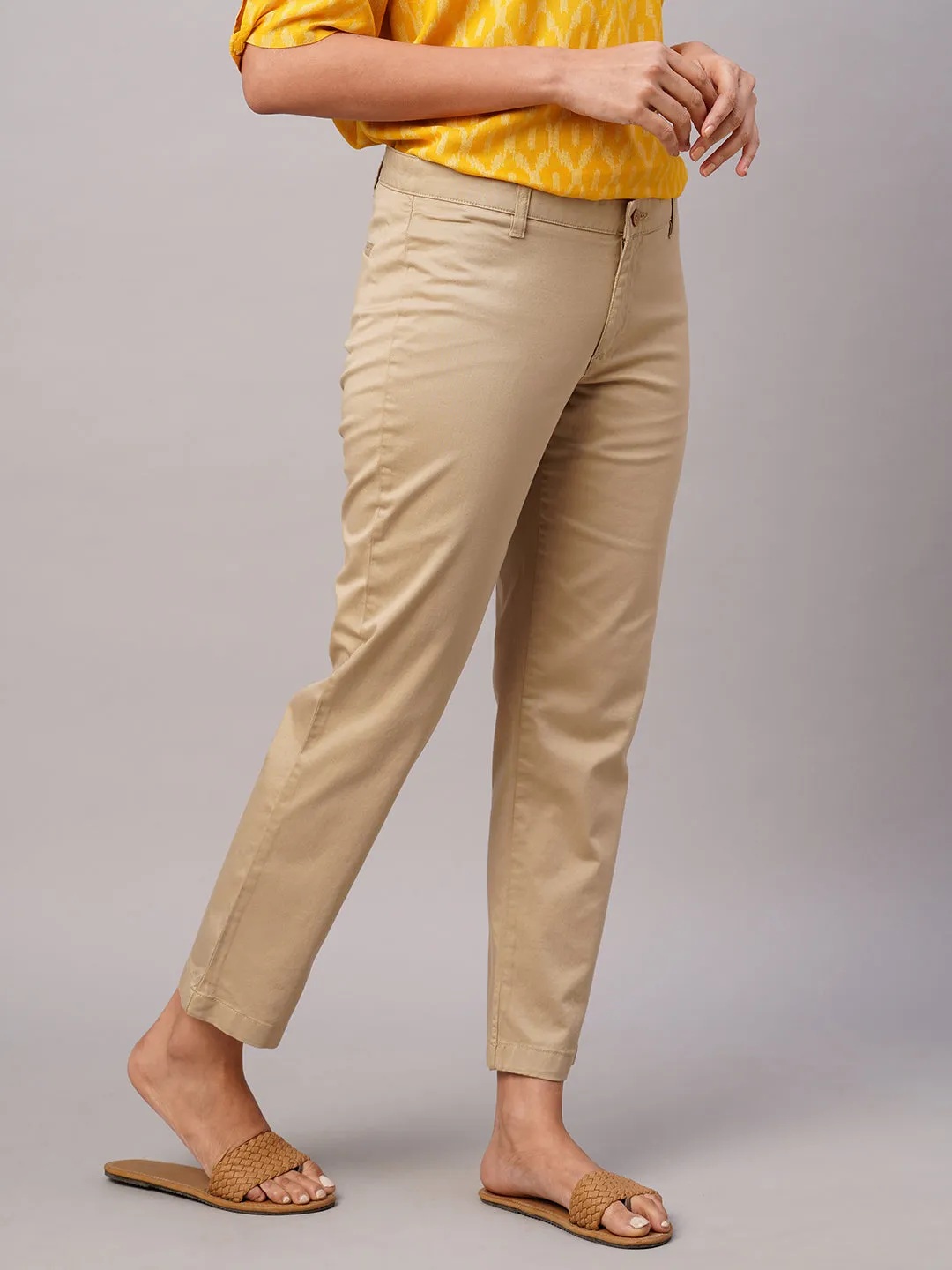 Women's Khaki Cotton Lycra Regular Fit Pant