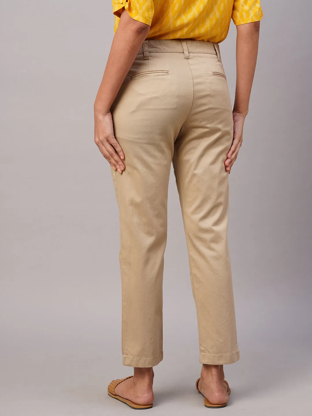 Women's Khaki Cotton Lycra Regular Fit Pant