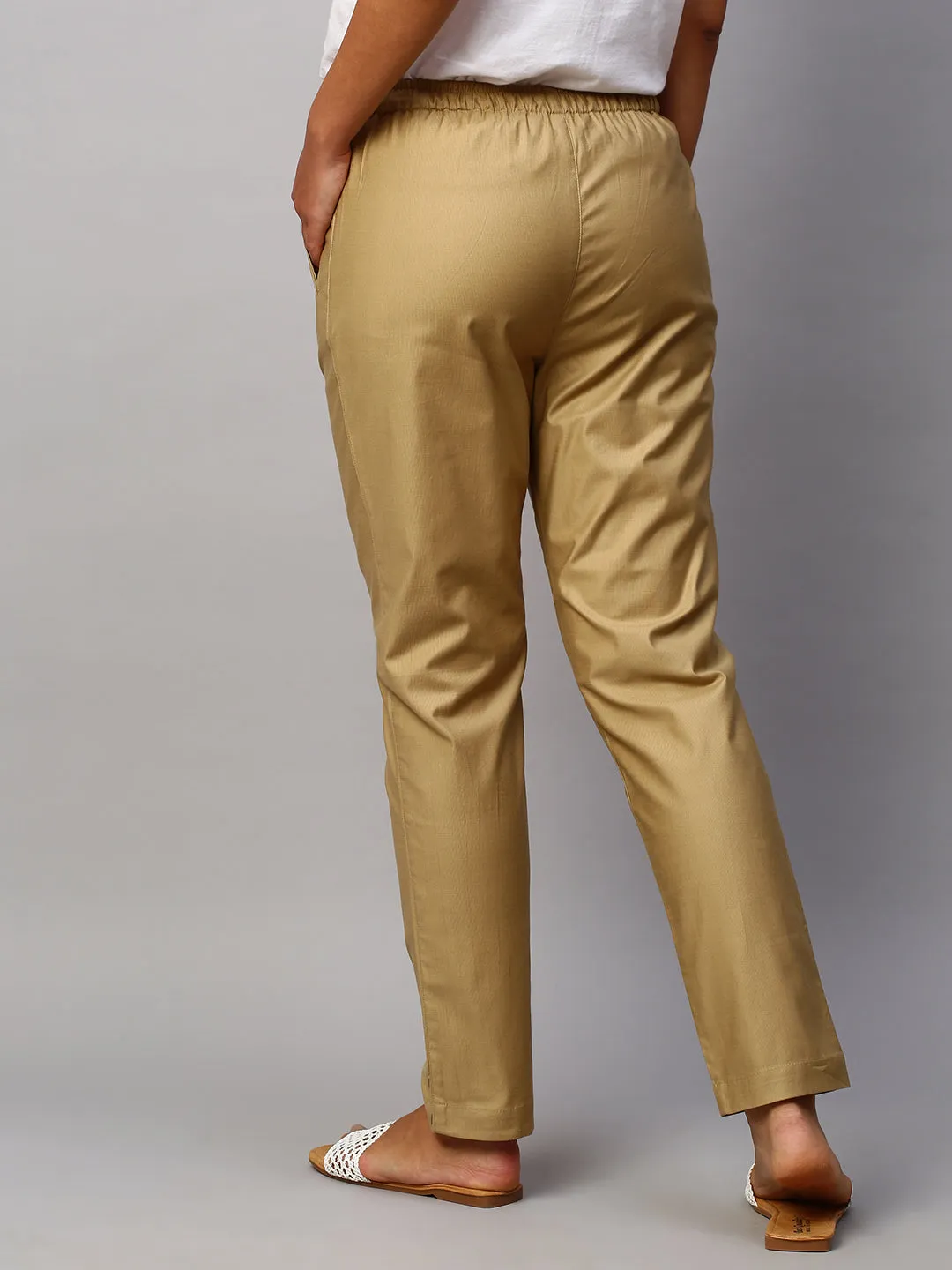 Women's Khaki Cotton Lycra Regular Fit Pant